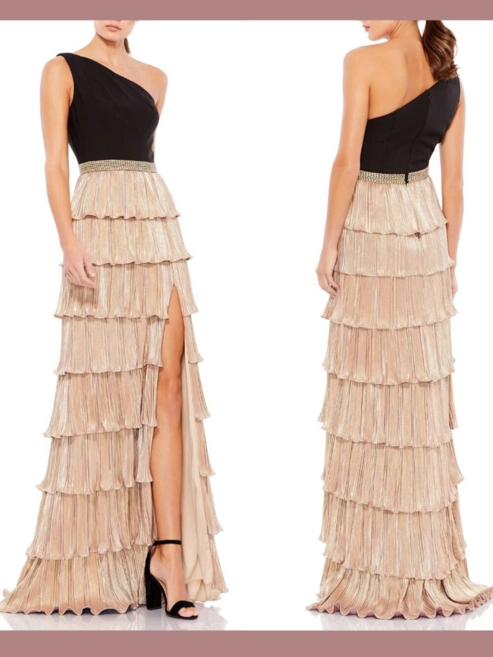 IEENA Mac Duggal [ 6 ] One Shoulder Layered Metallic Ruffle Gown